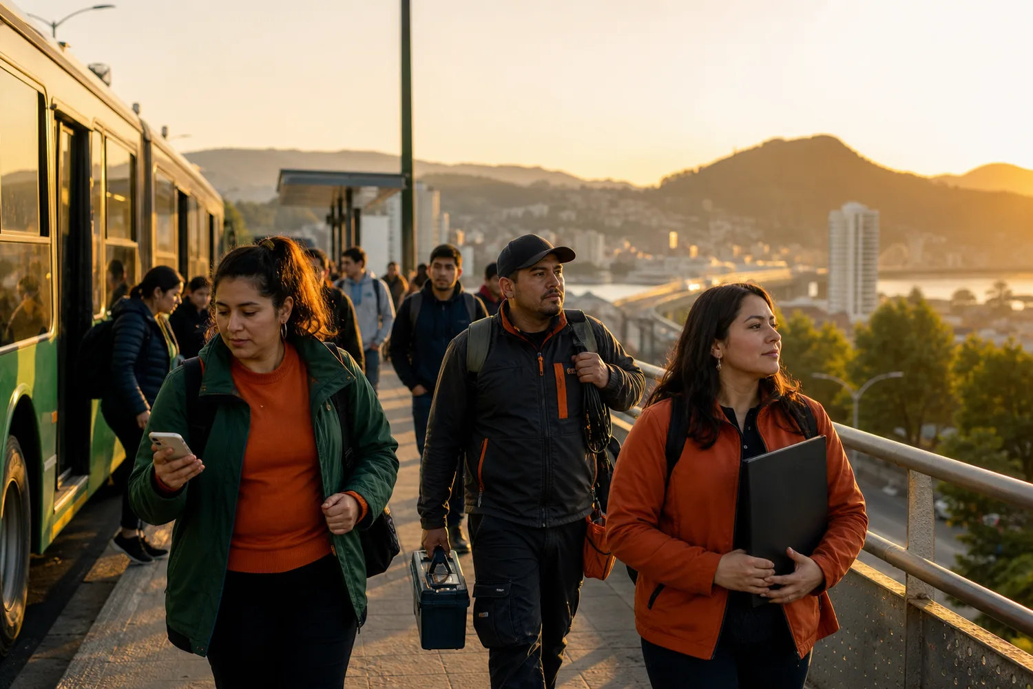 Escena sintética de movilidad urbana vinculada a una búsqueda laboral